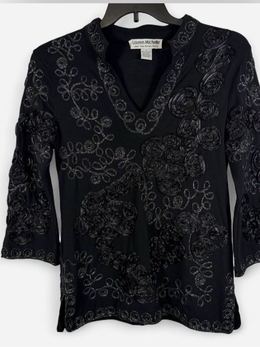 Lauren Michelle Black Embellished V-Neck Tunic Top size: S